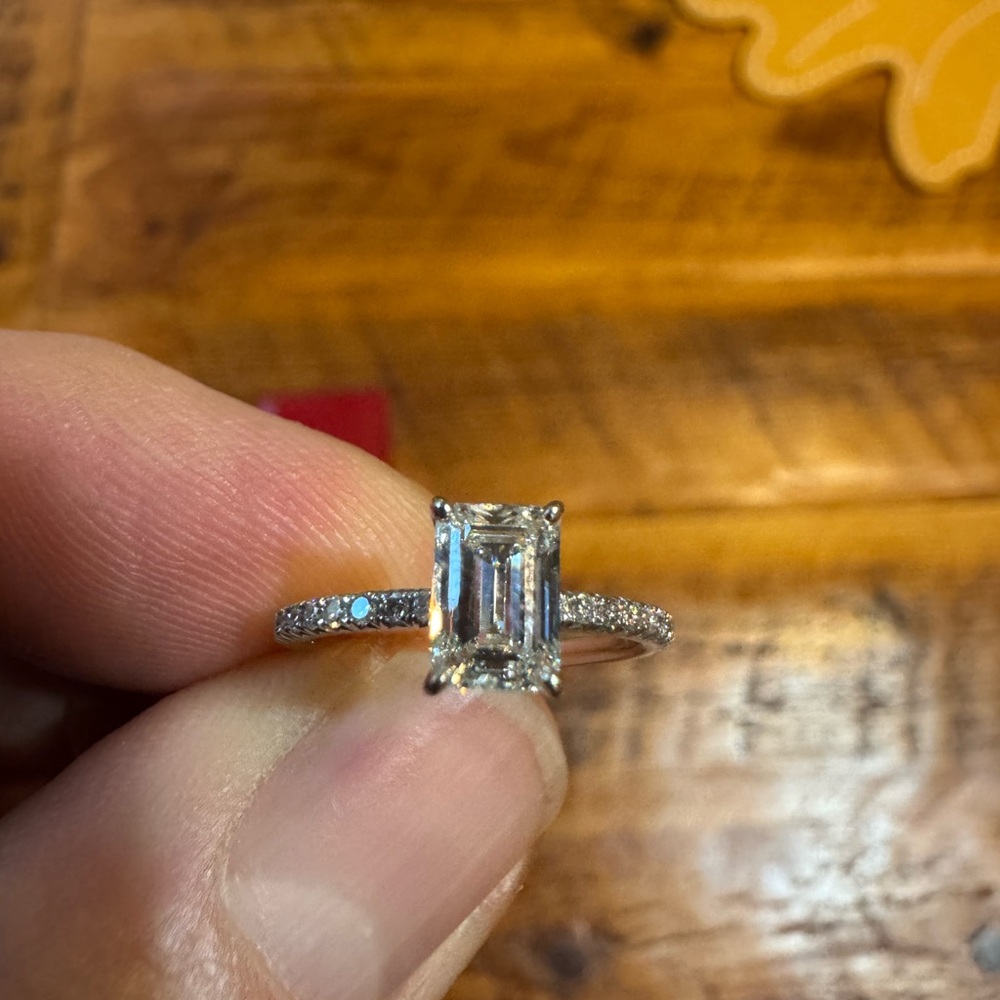 Elegant Emerald-Cut Solitaire Engagement Ring in 14k white gold  with LB Diamond